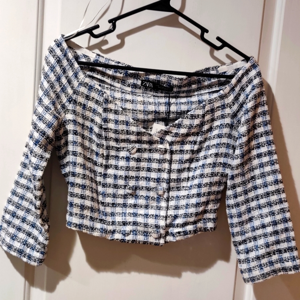 Zara off the shoulder tweed plaid shirt